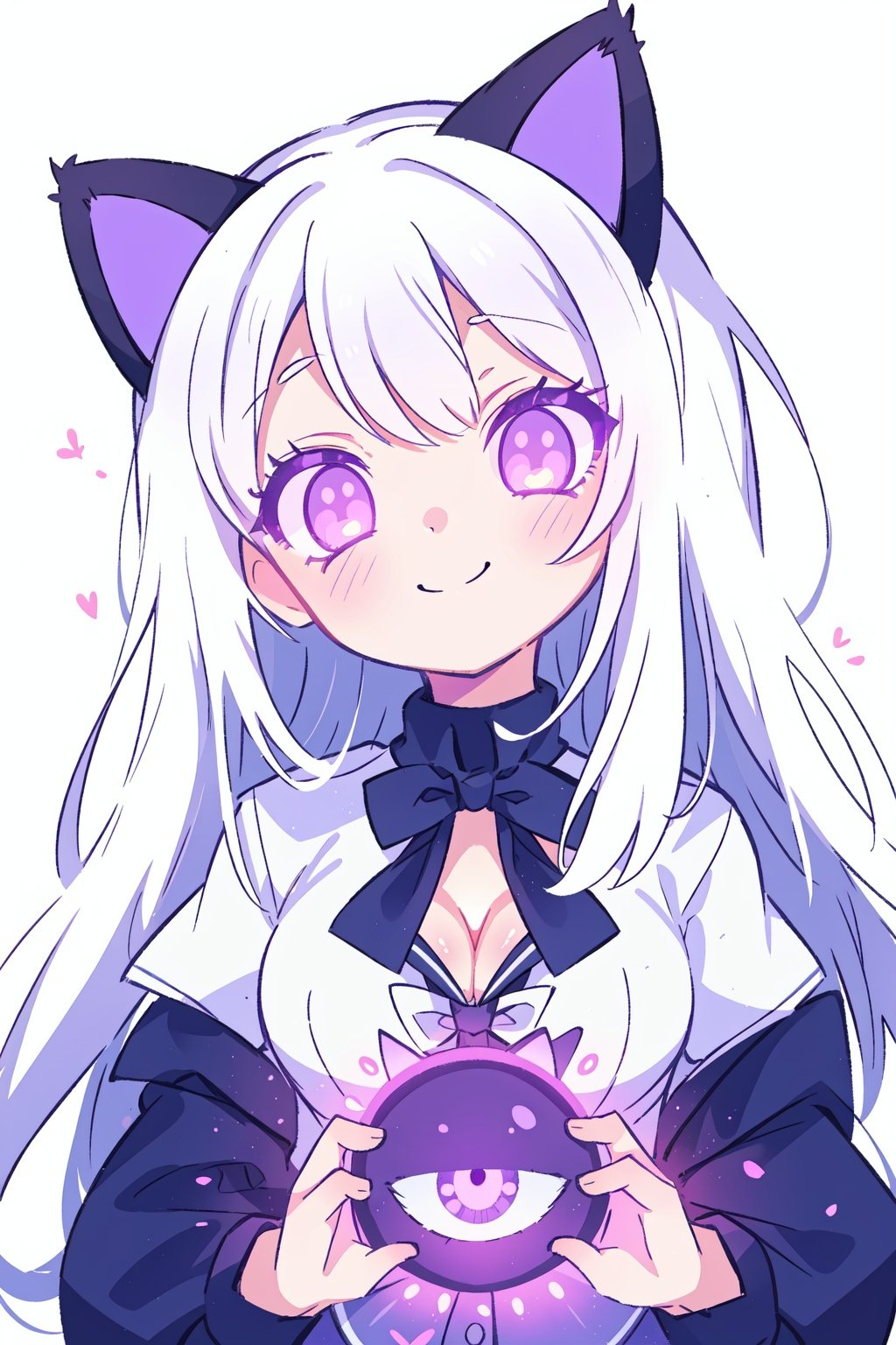 (Distinct pupils)(Clear eyes),cleavage,(cat ears),school uniform,1girl,solo,looking at viewer,flower,long hair,bangs,closed mouth,simple background,white background,upper body,white hair,hair intakes,purple eyes,expressionless,eyelashes,best quality,smile,(Glowing eyes:1.4),jewel-like eyes,