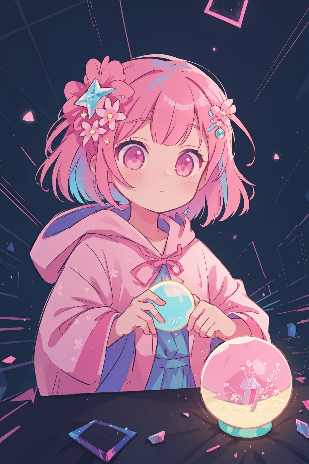 1girl,upper body,sideways,pink hair,hair ornament,pink eyes,hood,robe,crystal ball,light particles,bloom,neon lights,motion lines,