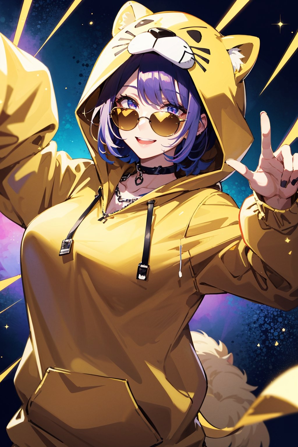 1 girl,solo,wearing a lion costume,lion shaped hoodie,smile, glittering eyes, wearing gold chain, wearing purple tinted sunglasses, disco ball in background, colourful background