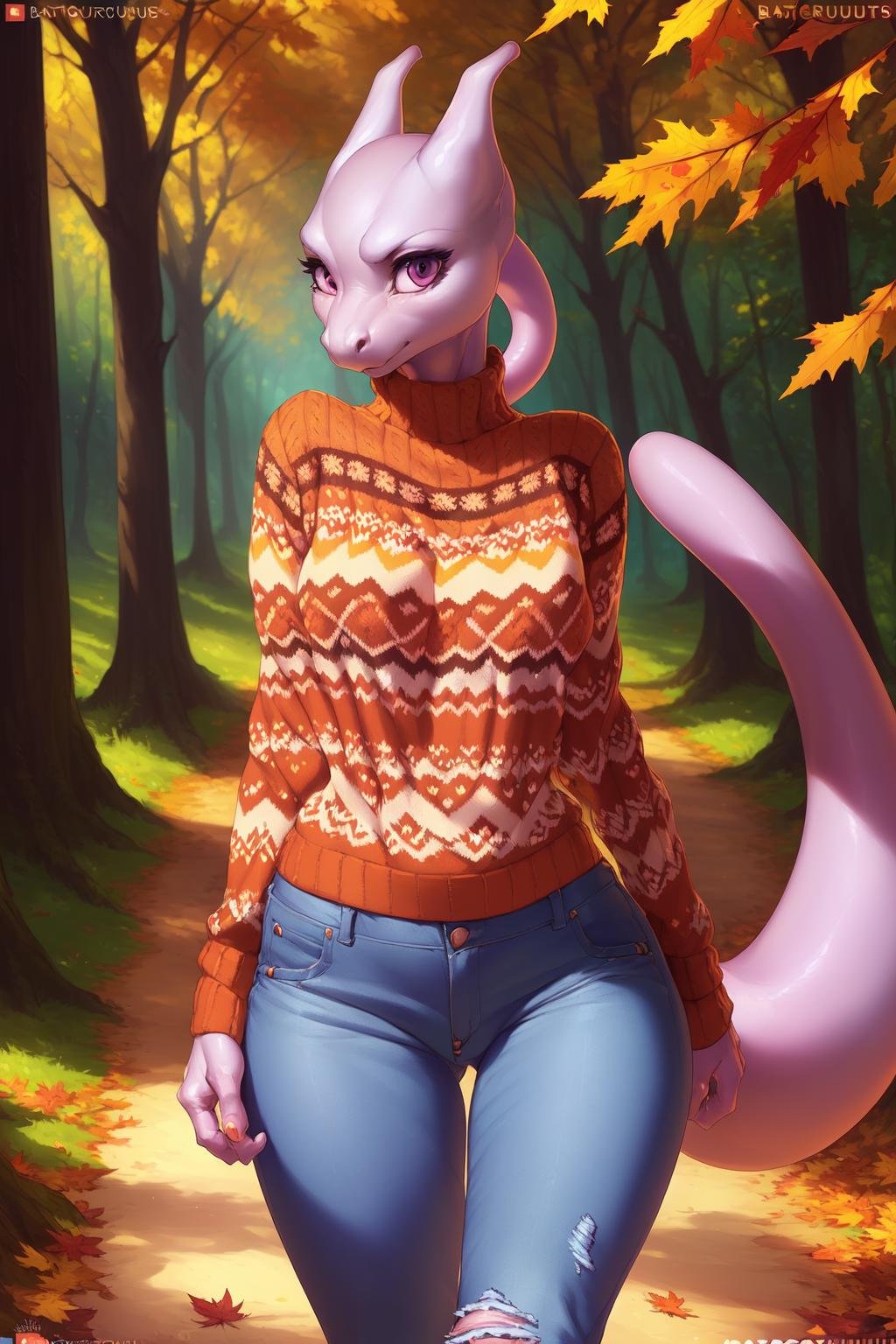 uploaded on e621, explicit content, 3d, (bastika, cutesexyrobutts, hioshiru), female, solo, (anthro, furry), mewtwo, autumn forest, (cozy sweater, jeans), fallen leaves, forest path, outdoors, walking <lora:Mewtwo:1>