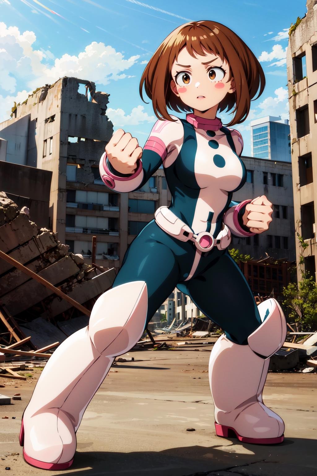 masterpiece, best quality, highres, hmochako, blush stickers, short hair, medium breasts, superhero, bodysuit, boots, <lora:uraraka_ochako_v1:0.8>, ruins, building, fighting stance, clenched hands, 