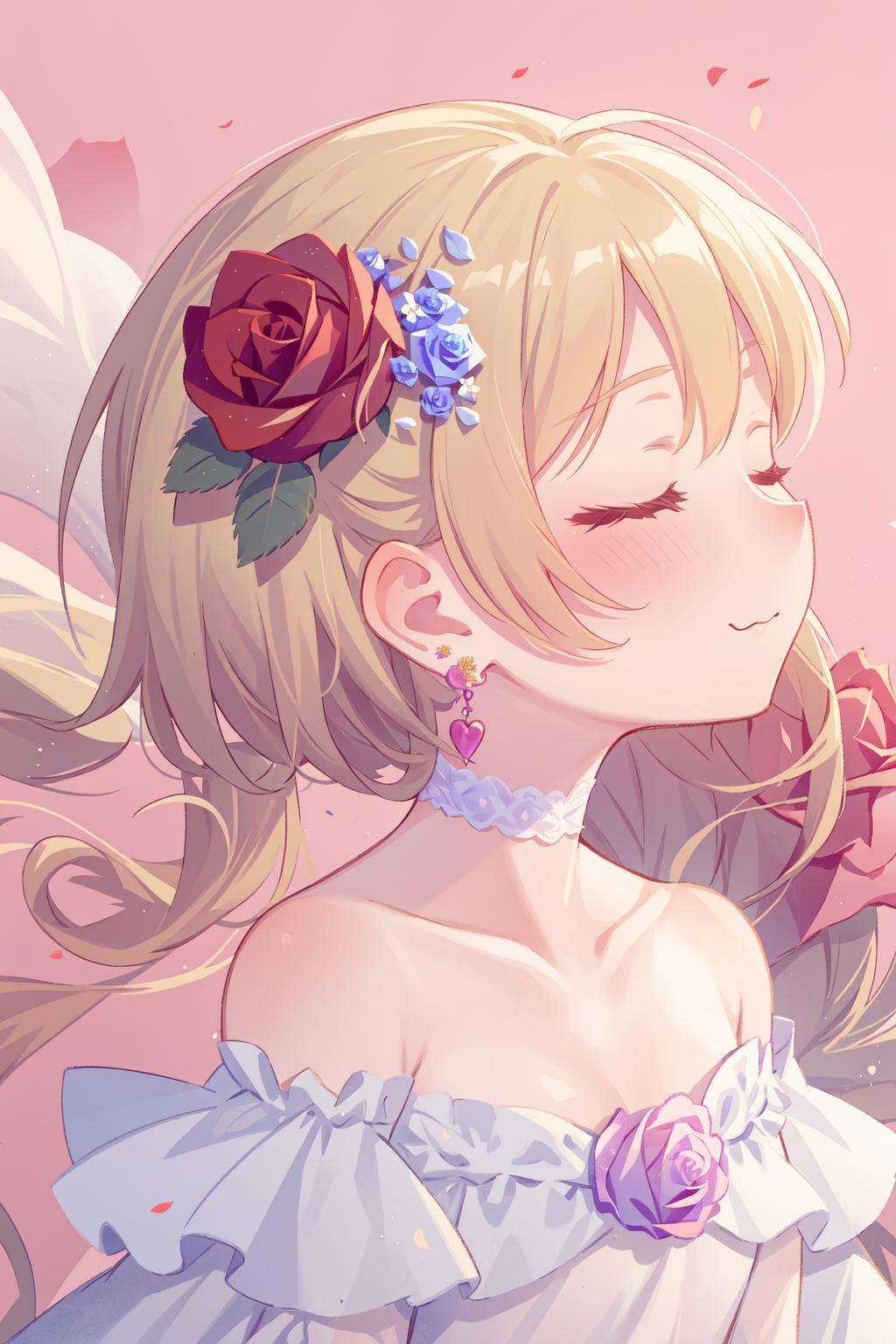 (masterpiece, best quality),pink rose background,profile,close shot,himenoa,:3,white choker,closed eyes,flower,white dress,bare_shoulders,collarbone,earrings,jewelry,(flower, rose:1.5),hair behind ear,facing_away,