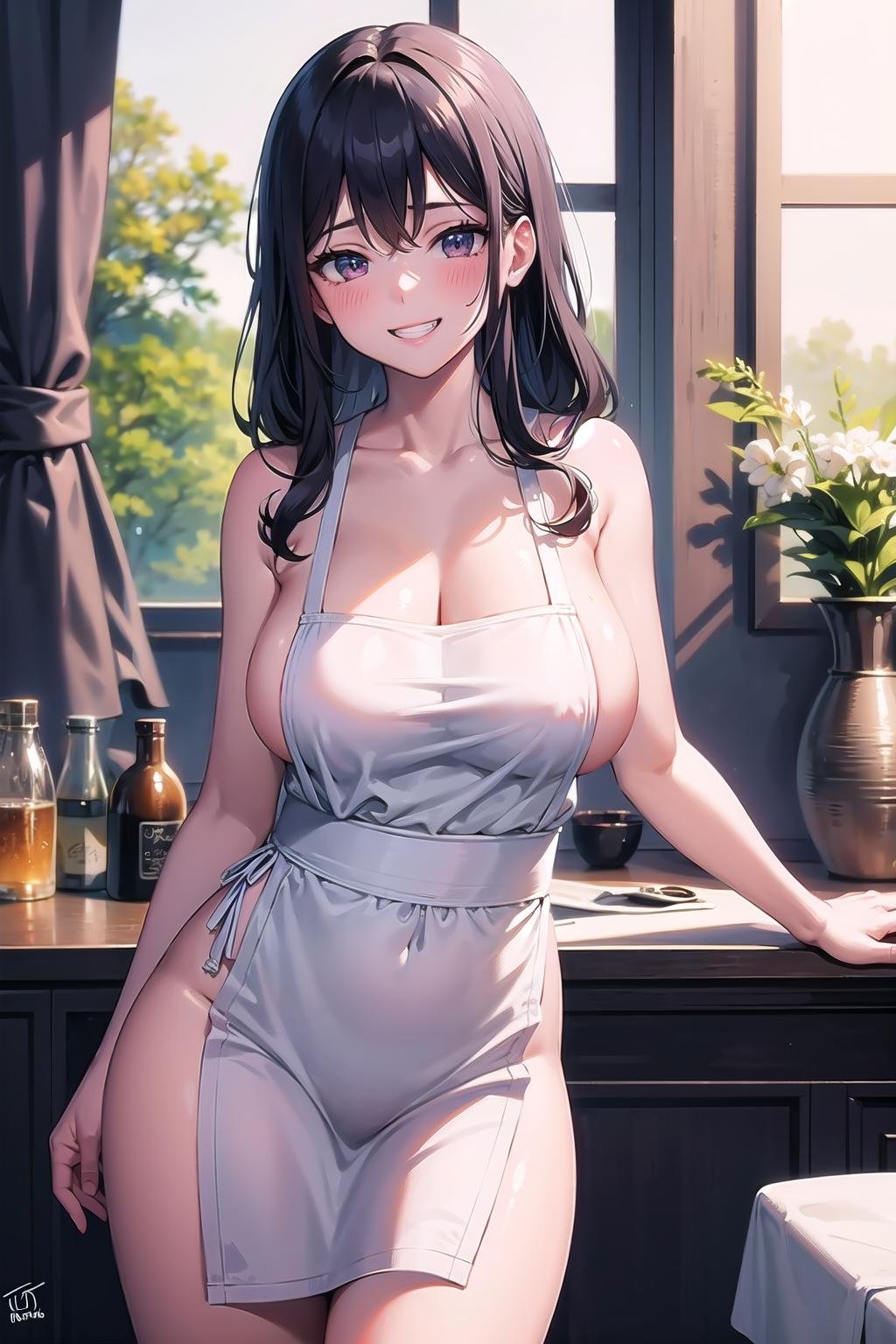 (masterpiece:1.3),(highly detailed:1.3),(highres:1.1),best quality,Ultra-detail,1girl,solo,large breasts,naked apron,sideboob,grin,blush,