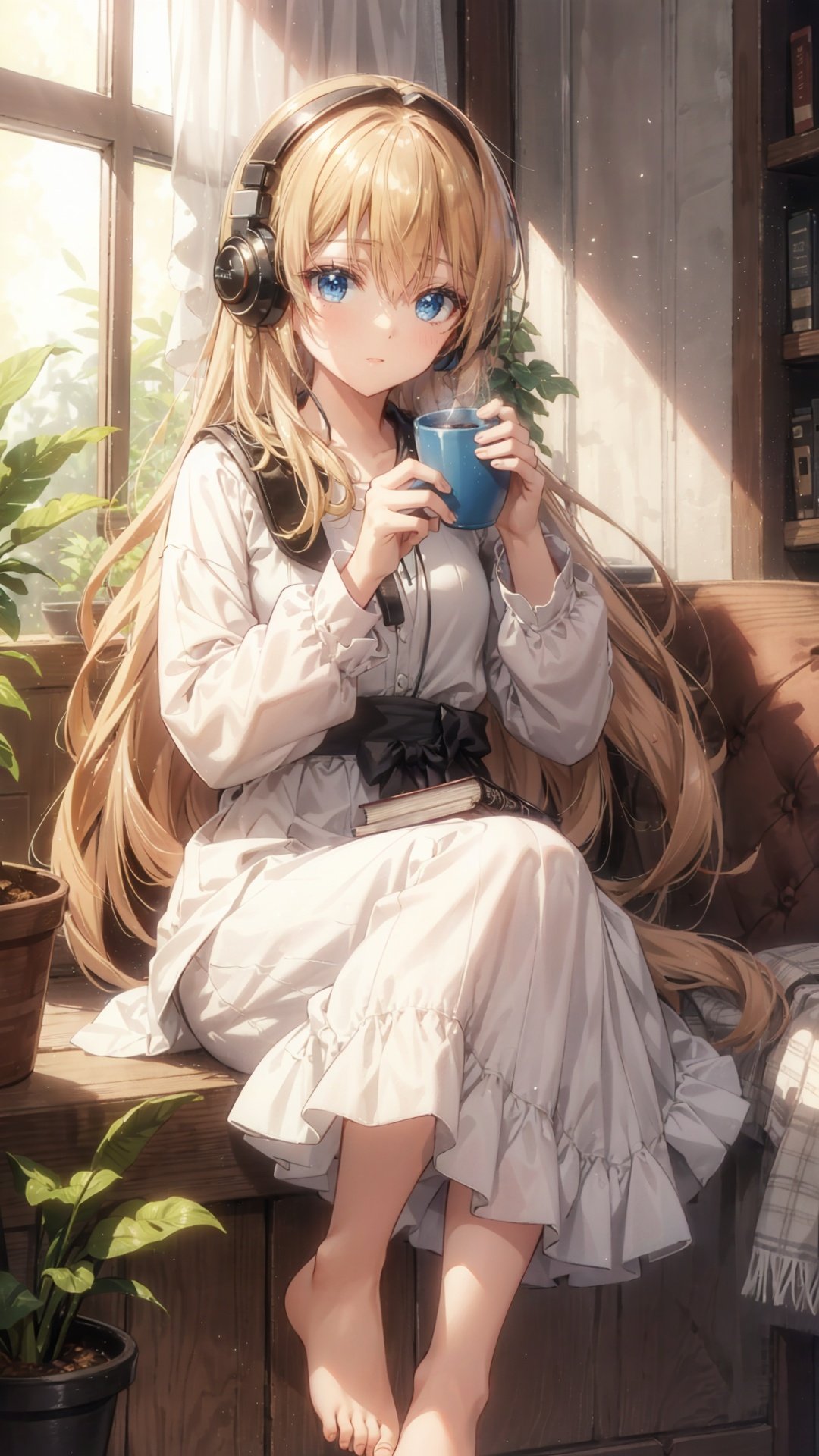  extremely delicate and beautiful,
depth of field,amazing,masterpiece,growth,visual impact,
ultra-detailed,

1girl, long_hair, window, book, pillow, barefoot, solo, plant, very_long_hair, indoors, potted_plant, headphones, cup,
gorgeous,fantasism,nature,refined rendering,original,contour deepening,high-key and low-variance brightness scale,soft light,light and dark interlaced,