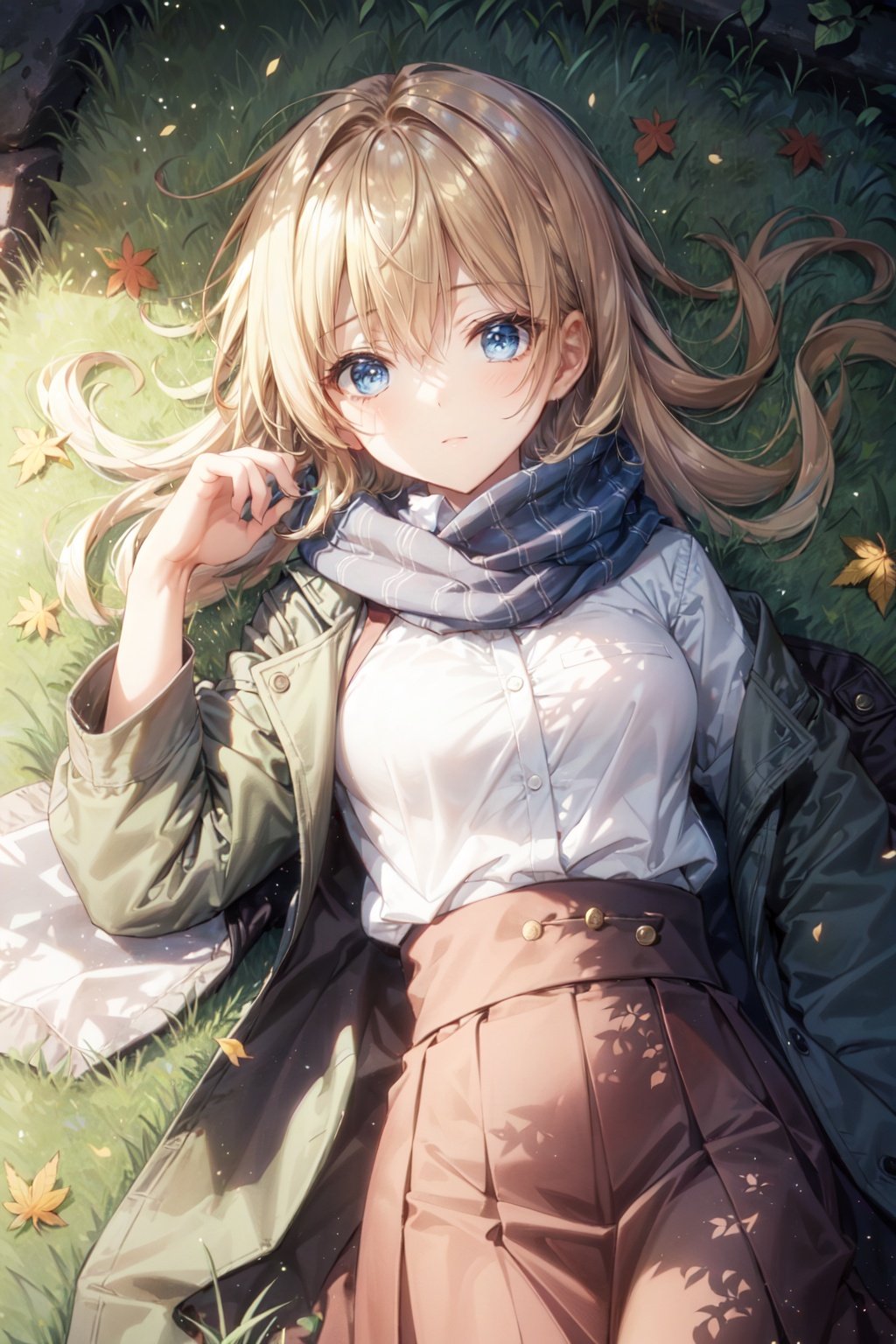  1girl, blonde hair, long hair,blue eyes,coat,shirt,skirt,scarf,(from above ,lying on the grass), looking at the viewer, grass,spotted light, leaves,upper body,beautiful detailed face,(full body),sleepy