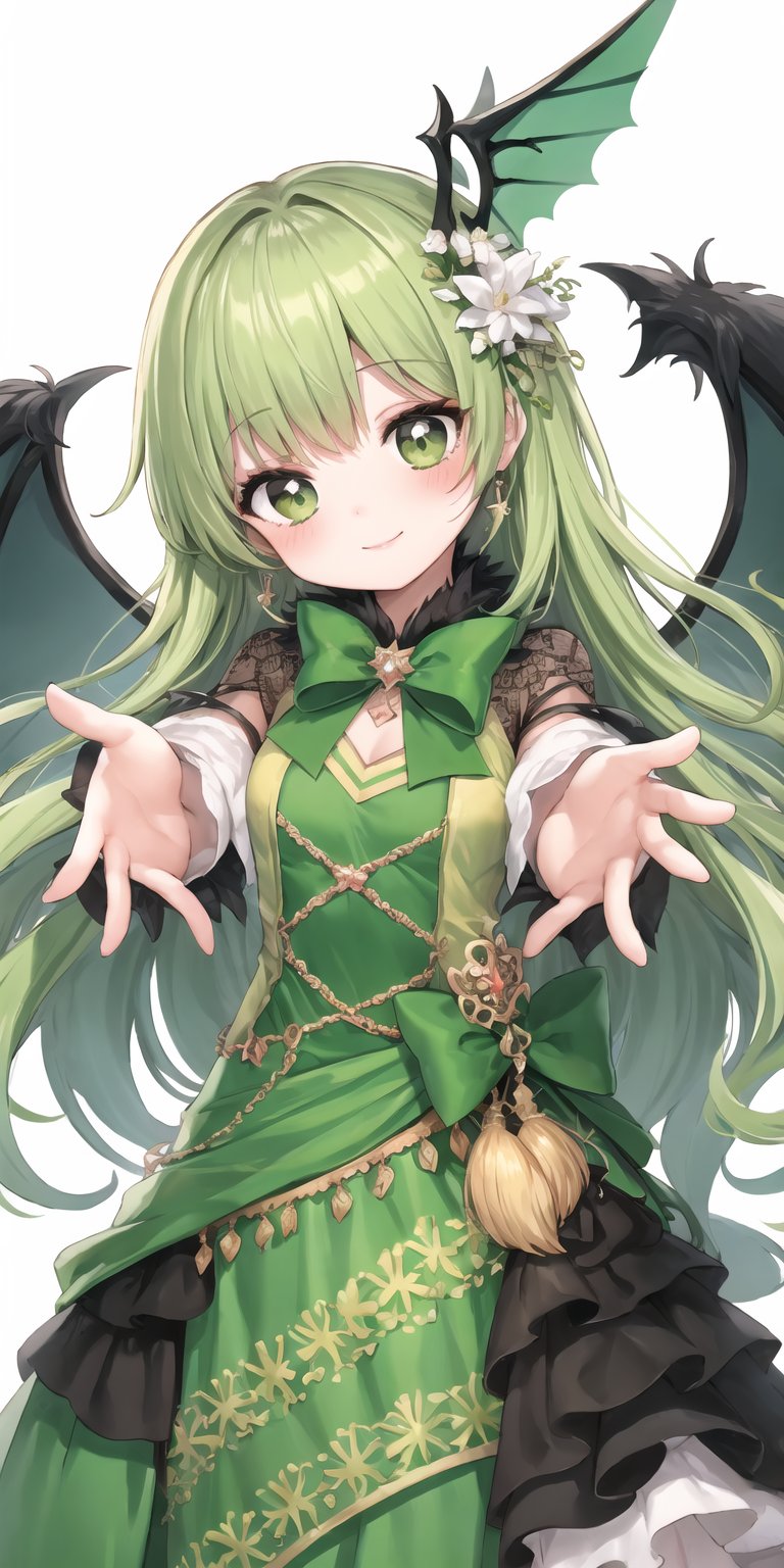 (best quality, masterpiece), (eye focus, face, close-up:0.3), blush, (smile:0.7), 1girl, solo focus, bangs, white background, durch angle, side, head tilt, jewelry, bow, wings, (costume, cosplay, green theme:1.3), foreshortening, perspective