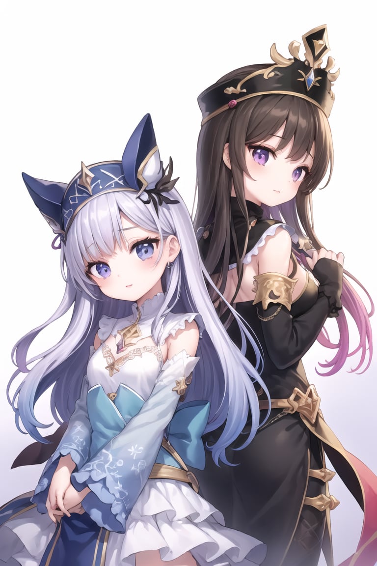 (2girls,  back-to-back), (best quality, masterpiece), (eye focus, face, close-up:0.4), blush, (smile:0.7), bangs, white background, dutch angle, side, head tilt, hat,jewelry,bow, (fantasy, blue,purple:1.3), (multicolored, gradient:1.3), perspective, from side