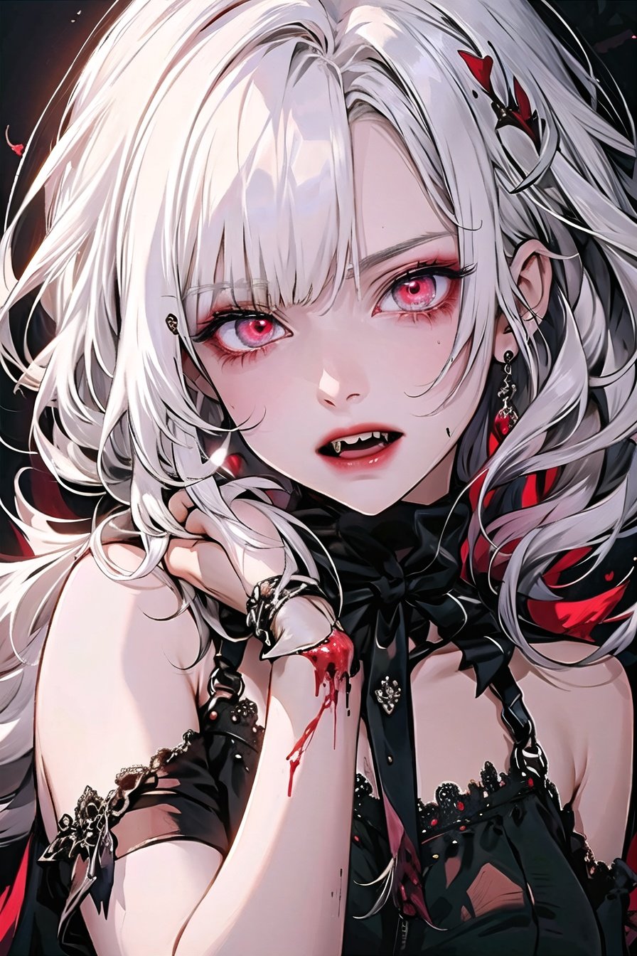  1girl,vampire,masterpiece,fangs,blood,red eyes,white hair