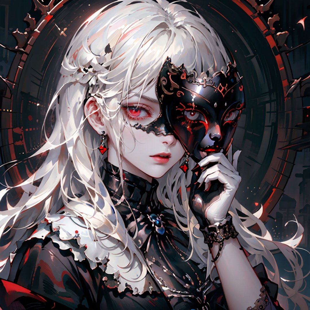  1girl,vampire,white hair, gloves, female focus,  solo, red eyes, white gloves, white hair, looking at viewer, ((wearing mask)), intricate and very beautiful and elegant, highly detailed, digital painting, artstation, concept art, smooth and sharp focus, cg,red eyes,(extremely detailed CG unity 8k wallpaper), best quality, high resolution illustration, Amazing, highres, intricate detail, (best illumination, best shadow, an extremely delicate and beautiful),(looking at viewer),(close up,portrait)