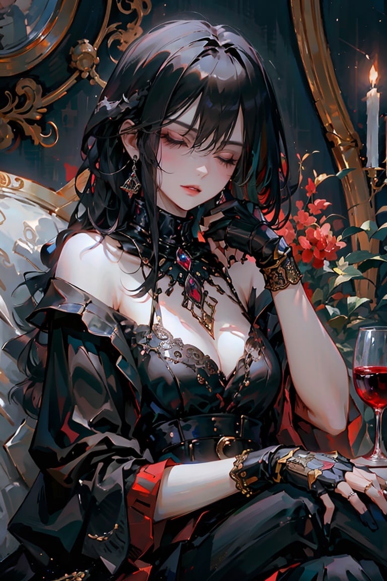  1mature female,jewelry, male focus, black hair, solo, earrings, ring, ((sitting)), closed eyes, black pants, pants, closed mouth, multicolored hair, sofa,  from side, wine, parted lips, gloves, gem, upper body, makeup,best quality, high resolution illustration, Amazing, highres, intricate detail, best illumination, best shadow, an extremely delicate and beautiful,looking at viewer,