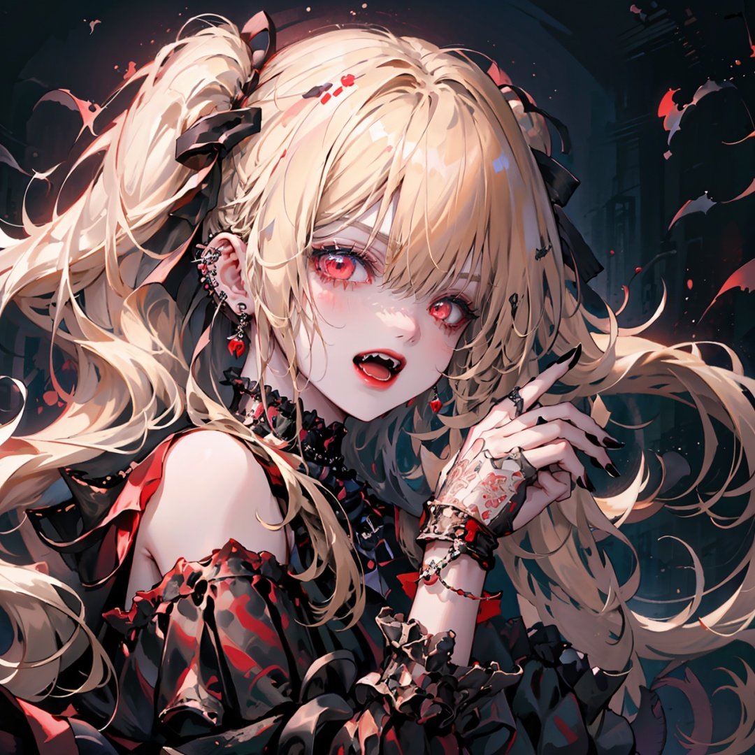  1girl,vampire,1girl, solo, blonde hair, red eyes, fangs, jewelry, open mouth, looking at viewer, choker, black nails, earrings, bangs, long hair, upper body, twintails, piercing, blush, long sleeves, bare shoulders, vampire, ear piercing, black background, smile, ribbon, anime,highly detailed, digital painting, artstation, concept art, smooth and sharp focus, cg,red eyes,(extremely detailed CG unity 8k wallpaper), best quality, high resolution illustration, Amazing, highres, intricate detail, (best illumination, best shadow, an extremely delicate and beautiful),(looking at viewer),(close up,portrait)