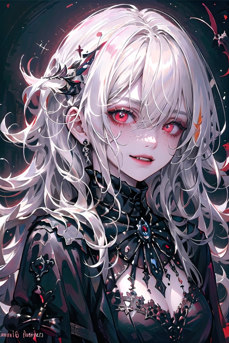  1girl,vampire,white hair ,freckles, smiling, fangs, messy curly hair,feather, intricate and very beautiful and elegant, highly detailed, digital painting, artstation, concept art, smooth and sharp focus, cg,red eyes