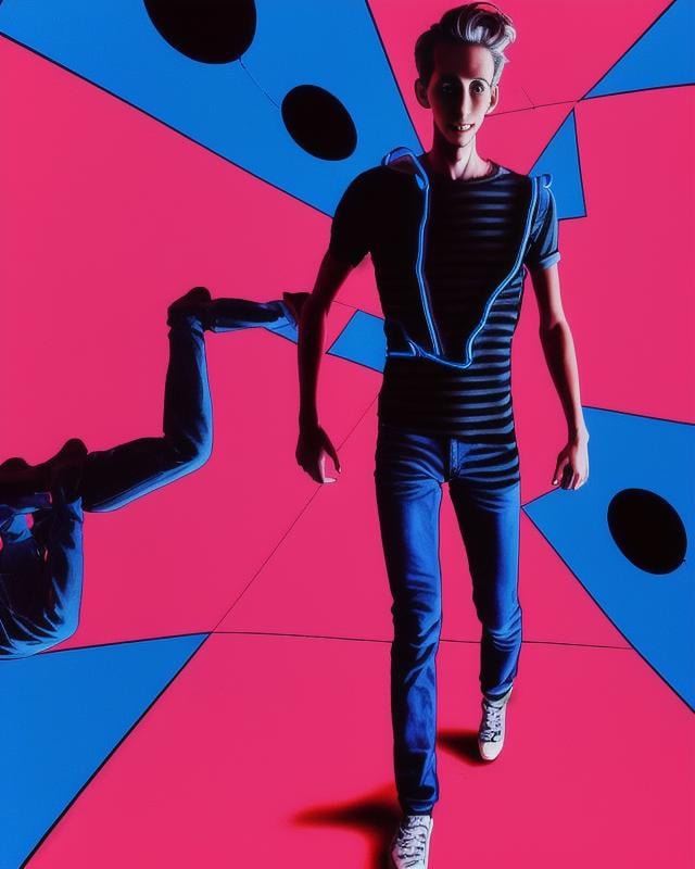 a skinny attractive sks man is mutating into an optical illusion,  zip zag,  busy colors by ThePerm on Tensor.Art