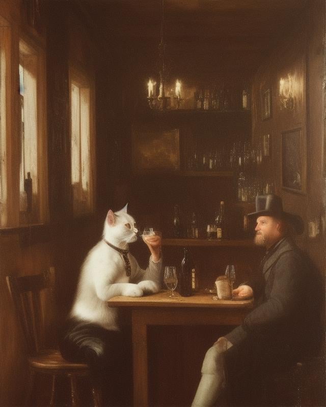 an sks style cat,  drinking beer at a saloon,  eldmeisterOG style by ThePerm on Tensor.Art