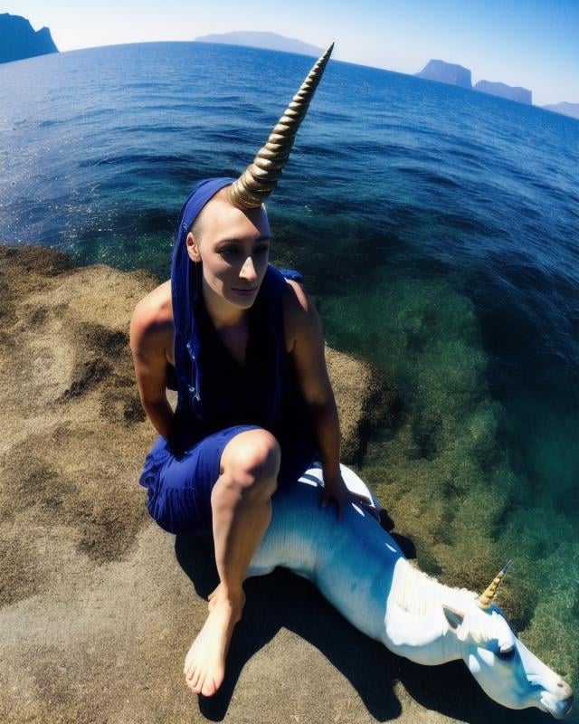 a portrait of an sks style Unicorn,  sitting in a cove by the sea shore,  go pro view by ThePerm on Tensor.Art