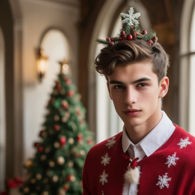 an 18 years old handsome italian man, (wear christmas costume, christmas, christmas decoration, christmas tree:1.3), sharp focus, finely detailed eyes and face, short hair, fade haircut, male_only, handsome Italian,