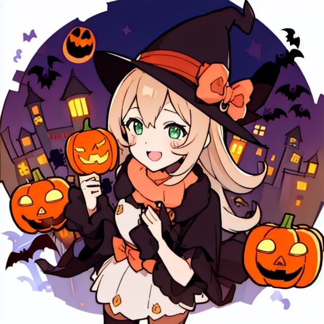 ((masterpiece, best quality)),((((1girl)))),,Rice Shower, Rice Shower(Halloween) ,thighhighs, hat,horse ears,standing,((halloween)),light,night sky,bat,pumpkin,smile,((portrait))
