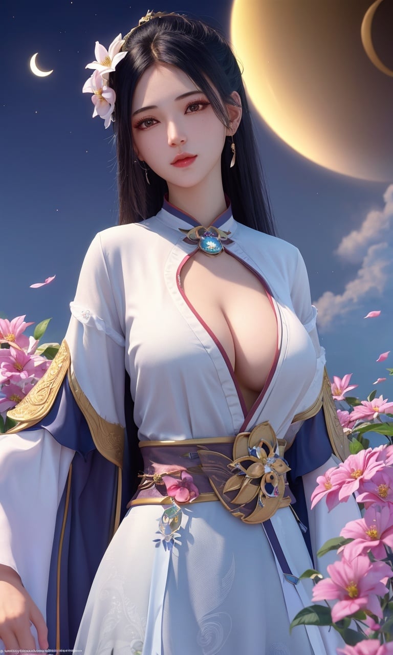 (,1girl, (),best quality, )masterpiece, fantasy, realistic,science fiction,mole, ultra realistic 8k cg, ,tamari \(flawless\),  large breasts ,crescent moon, jasmine \(flower\),     upper body, <lora:DA_南宫夕儿-少年歌行:0.6>