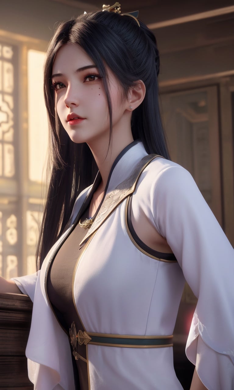 (,1girl, (),best quality, )masterpiece, fantasy, realistic,science fiction,mole, ultra realistic 8k cg, ,tamari \(flawless\),  large breasts ,castle,       upper body, <lora:DA_南宫夕儿-少年歌行:0.6>