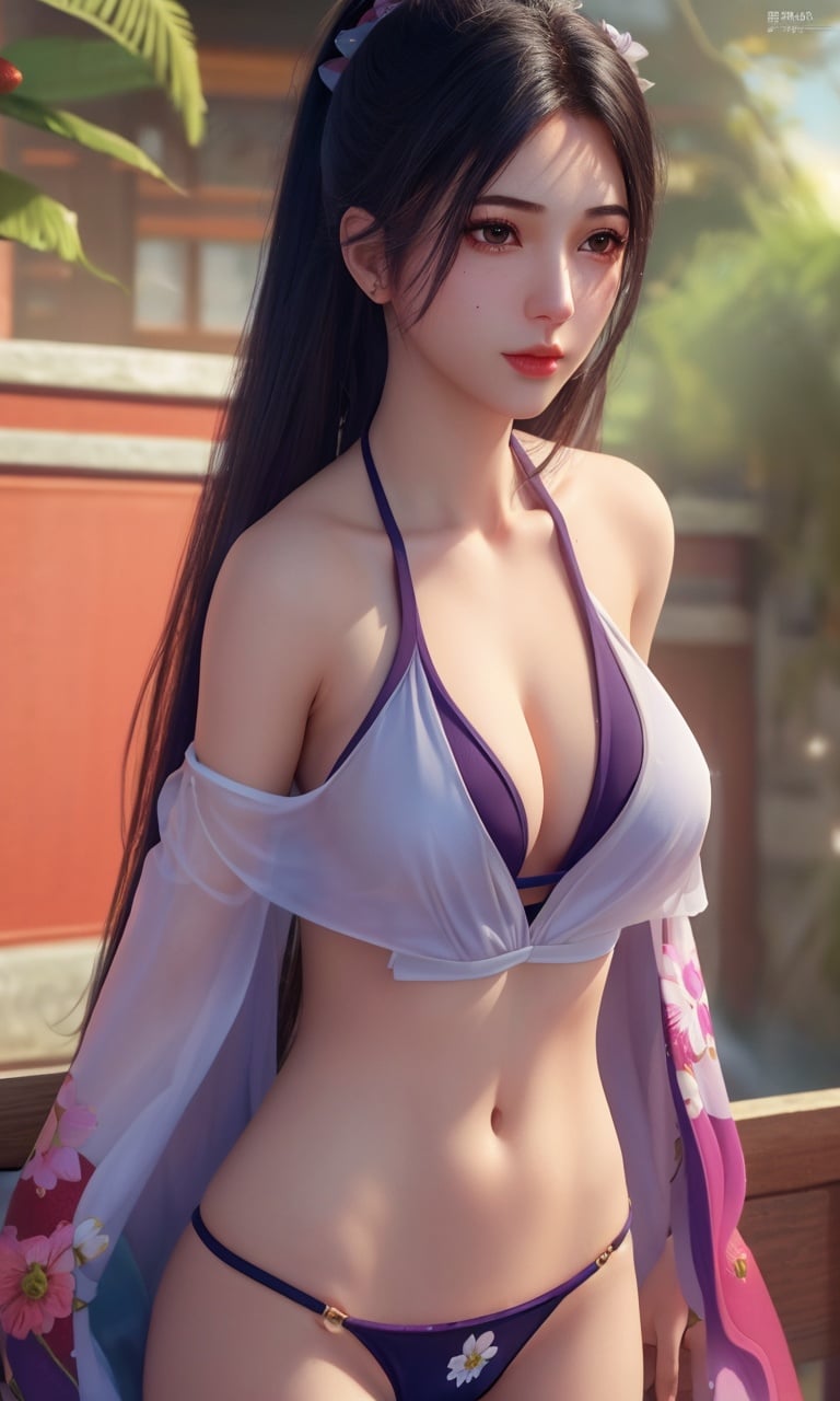 (,1girl, (),best quality, )masterpiece, fantasy, realistic,science fiction,mole, ultra realistic 8k cg, ,tamari \(flawless\),  large breasts,strawberry blossoms,bikini,    upper body, <lora:DA_南宫夕儿-少年歌行:0.6>