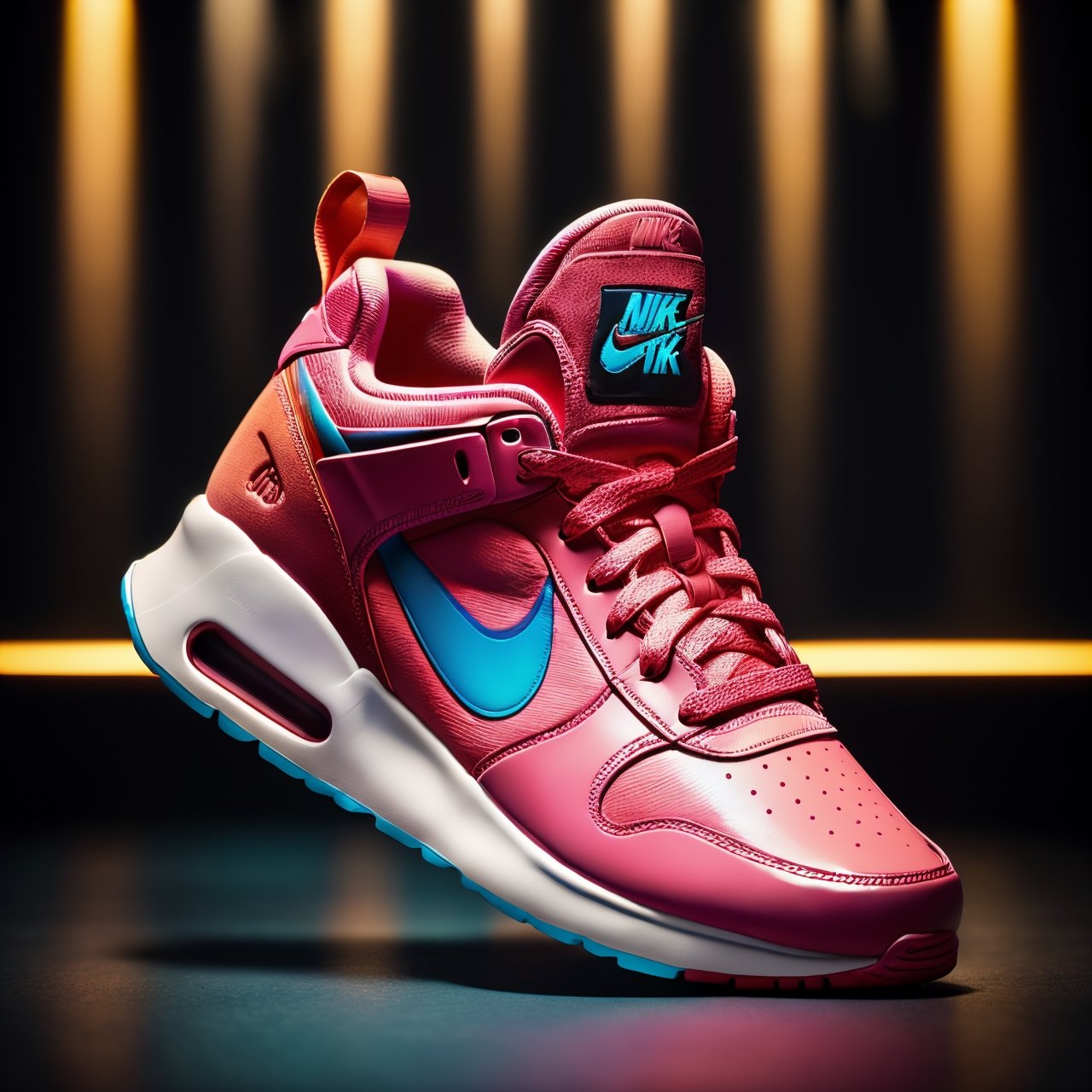 (Expertly executed studio photography),(featuring a captivating concept design),(highlighting sneakers renowned for their unique aesthetics),(captured in a striking commercial style),(The backdrop is a vivid pink, setting the stage for brilliance),(Cinematic lighting elevates the scene to photorealistic heights),(all in glorious 8K resolution).