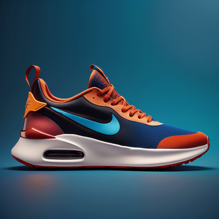 (Create a concept design through studio photography),(Showcasing sneakers with a unique and eye-catching design),(in a commercial style),(placed against a bold blue background),(Render it in a cinematic, photorealistic manner),(ensuring it's available in an impressive 8K resolution).,Sneakers Design