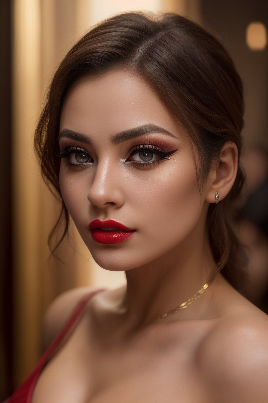 (best quality,4k,8k,highres,masterpiece:1.2),ultra-detailed,(realistic,photorealistic,photo-realistic:1.37),beautiful woman with perfect makeup, detailed eyes with long eyelashes, close-up of red lipstick, stunning portrait, the highest level of details, with a resolution of 8k.