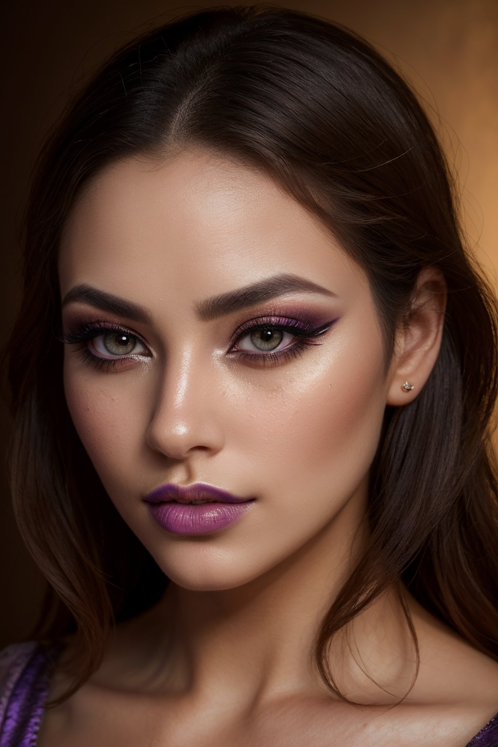 (best quality,4k,8k,highres,masterpiece:1.2),ultra-detailed,(realistic,photorealistic,photo-realistic:1.37),beautiful woman,makeup,detailed eyes,detailed lips,purple lipstick,close-up portrait,soft lighting,vibrant colors,purple color scheme,high-resolution details,hair strands,smoky eyeshadow,shimmering highlights,elaborate eyelashes,flawless complexion,feminine features,expressive gaze,subtle blush,natural eyebrows,feminine beauty,extraordinary realistic textures,meticulous attention to detail,professional photography,studio lighting,masterful makeup application,artistic expression,striking visual impact,8k resolution,impeccable facial features,mesmerizing intensity,perspective from below,sharp focus,endless visual depth,magical ambiance.