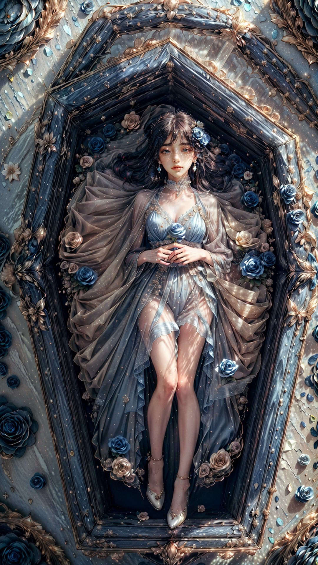 1girl,flower,high heels,crystal,gem,solo,(lying),(coffin),Ethereal and muted color palette with a focus on black and gold,<lora:Crystal texture(水晶质感):0.48>,(masterpiece),(best quality),make up,blush,earring,heart,<lora:coffin棺:0.6>,<lora:星:0.35>,(photorealistic:1.4),bai(\yang)\,chibi,(flower),hair ornament,melancholy,Moody,atmospheric,fine details,cinematic composition,soft lighting,nostalgic,evocative,hazy atmosphere,a sense of solitude,dreamlike atmosphere,melancholic,in_coffin,melancholy,nostalgic,solitude,elegance and sophistication,introspective composition,vintage elements,(blue roses:1.3),ridiculous fantasies,detailed textures,evocative composition,(flower field:1.2),<lora:Detail Tweaker LoRA（细节调整LoRA）:0.35>,<lora:behisheroinev2:0.07>,legs,<lora:幻光琉璃_v2.0:0.35>,slim legs,full body,(be his heroine:0.5),<lora:FlowerGarden:0.4>,<lora:WarmLight暖光:0.4>,<lora:青色细节调整:0.5>,