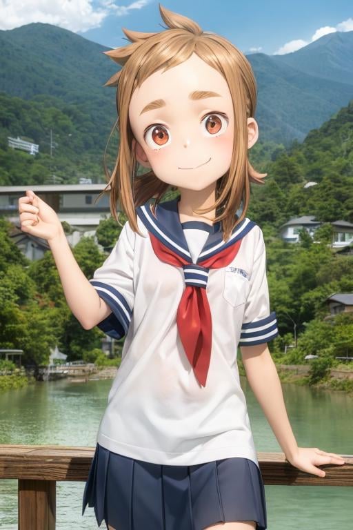 1girl, mina_hibino, forehead, short hair, brown hair, sidelocks, low ponytail, brown eyes, school uniform, white shirt, short sleeves, sailor collar, serafuku, blue skirt, short skirt, closed mouth, smile, looking at viewer, mountain, river <lora:mina_hibino:0.7> <lora:add_detail:0.7>