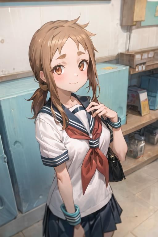 1girl, mina_hibino, forehead, short hair, brown hair, sidelocks, low ponytail, brown eyes, school uniform, white shirt, short sleeves, sailor collar, serafuku, blue skirt, short skirt, closed mouth, smile, looking at viewer, city <lora:mina_hibino:0.7> <lora:add_detail:0.7>