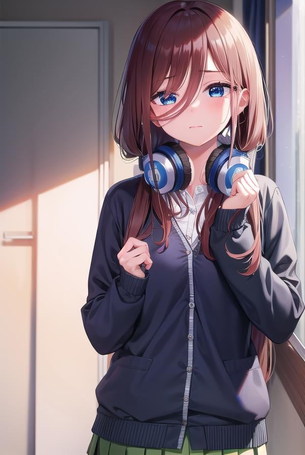 mikunakano, <lora:mikunakano-lora-nochekaiser:1>, miku nakano, long hair, bangs, blue eyes, brown hair, shirt, hair between eyes, headphones, cardigan, headphones around neck, <lora:yudedako_v100:1>, embarrassed,BREAK skirt, shirt, long sleeves, white shirt, pantyhose, pleated skirt, black pantyhose, cardigan, green skirt, blue cardigan,BREAK looking at viewer,BREAK indoors, classroom,BREAK <lyco:GoodHands-beta2:1>, (masterpiece:1.2), best quality, high resolution, unity 8k wallpaper, (illustration:0.8), (beautiful detailed eyes:1.6), extremely detailed face, perfect lighting, extremely detailed CG, (perfect hands, perfect anatomy),