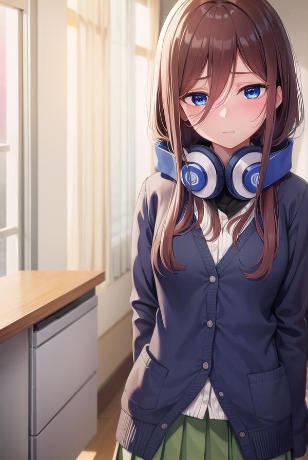 mikunakano, <lora:mikunakano-lora-nochekaiser:1>, miku nakano, long hair, bangs, blue eyes, brown hair, shirt, hair between eyes, headphones, cardigan, headphones around neck, <lora:yudedako_v100:1>, embarrassed,BREAK skirt, shirt, long sleeves, white shirt, pantyhose, pleated skirt, black pantyhose, cardigan, green skirt, blue cardigan,BREAK looking at viewer,BREAK indoors, classroom,BREAK <lyco:GoodHands-beta2:1>, (masterpiece:1.2), best quality, high resolution, unity 8k wallpaper, (illustration:0.8), (beautiful detailed eyes:1.6), extremely detailed face, perfect lighting, extremely detailed CG, (perfect hands, perfect anatomy),