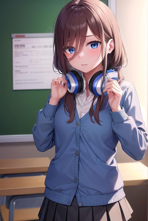 mikunakano, <lora:mikunakano-lora-nochekaiser:1>, miku nakano, long hair, bangs, blue eyes, brown hair, shirt, hair between eyes, headphones, cardigan, headphones around neck, <lora:yudedako_v100:1>, embarrassed,BREAK skirt, shirt, long sleeves, white shirt, pantyhose, pleated skirt, black pantyhose, cardigan, green skirt, blue cardigan,BREAK looking at viewer,BREAK indoors, classroom,BREAK <lyco:GoodHands-beta2:1>, (masterpiece:1.2), best quality, high resolution, unity 8k wallpaper, (illustration:0.8), (beautiful detailed eyes:1.6), extremely detailed face, perfect lighting, extremely detailed CG, (perfect hands, perfect anatomy),