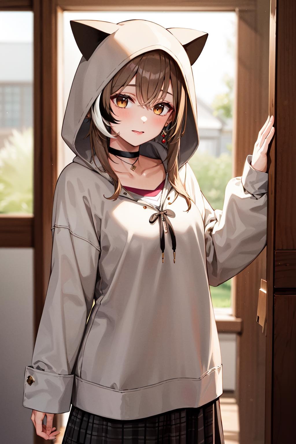 masterpiece, best quality, highres, bbmumei, long hair, multicolored hair, jewelry, earrings, shirt, hoodie, long sleeves, plaid, black choker, black skirt, long skirt, animal ears, hood up, <lora:nanashi_mumei_v1:0.9>, cowboy shot, standing, room, arms at sides,