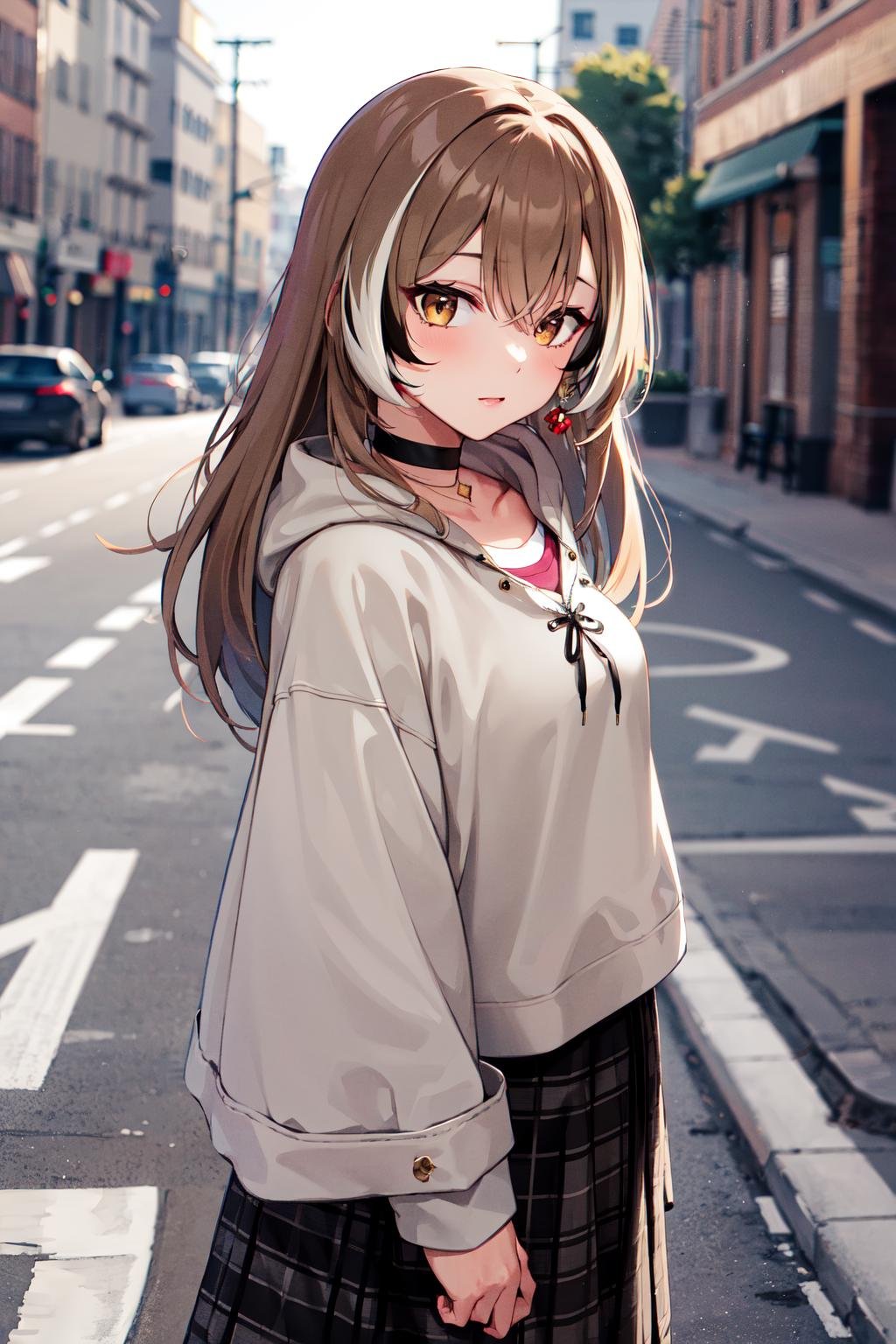 masterpiece, best quality, highres, bbmumei, long hair, multicolored hair, jewelry, earrings, shirt, hoodie, long sleeves, plaid, black choker, black skirt, long skirt, <lora:nanashi_mumei_v1:0.9>, cowboy shot, standing, street, arms at sides,