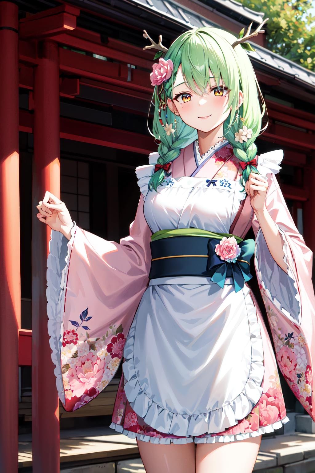 masterpiece, best quality, highres, hmcf, long hair, antlers, branch, low twin braids, hair flower, yellow eyes, floral print, japanese clothes, pink kimono, wide sleeves, frilled apron, white apron, bow, sash, obi, pink flower, <lora:ceres_fauna_v2:0.7>, cowboy shot, standing, outdoors, smile