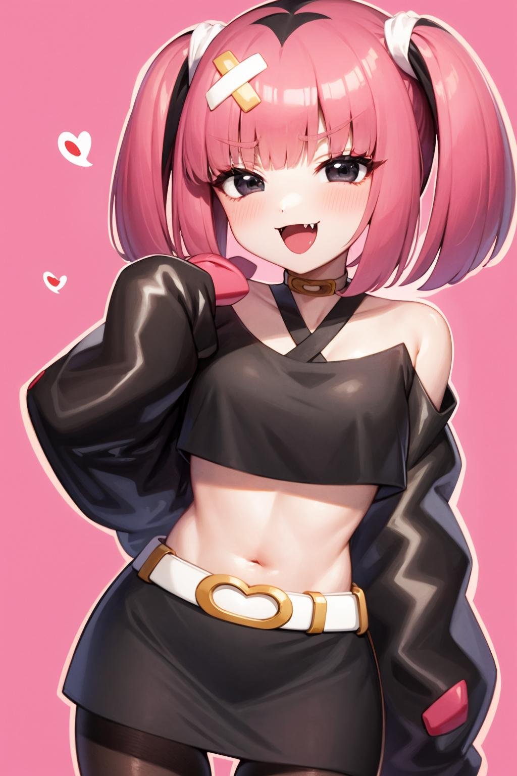 1girl,solo,sango, 1girl, solo, heart, fang, skirt, pink background, smile, black skirt, sleeves past wrists, blush, looking at viewer, open mouth, simple background, sleeves past fingers, crop top, hand on hip, shirt, long sleeves, pantyhose, belt, black shirt, cowboy shot, clothing cutout, midriff, :d, outline, v-shaped eyebrows, sidelocks, miniskirt, :3, skin fang, grey eyes, white outline, bare shoulders, standing, long hair, multicolored hair, shiny, medium hair<lora:sango 3:1>