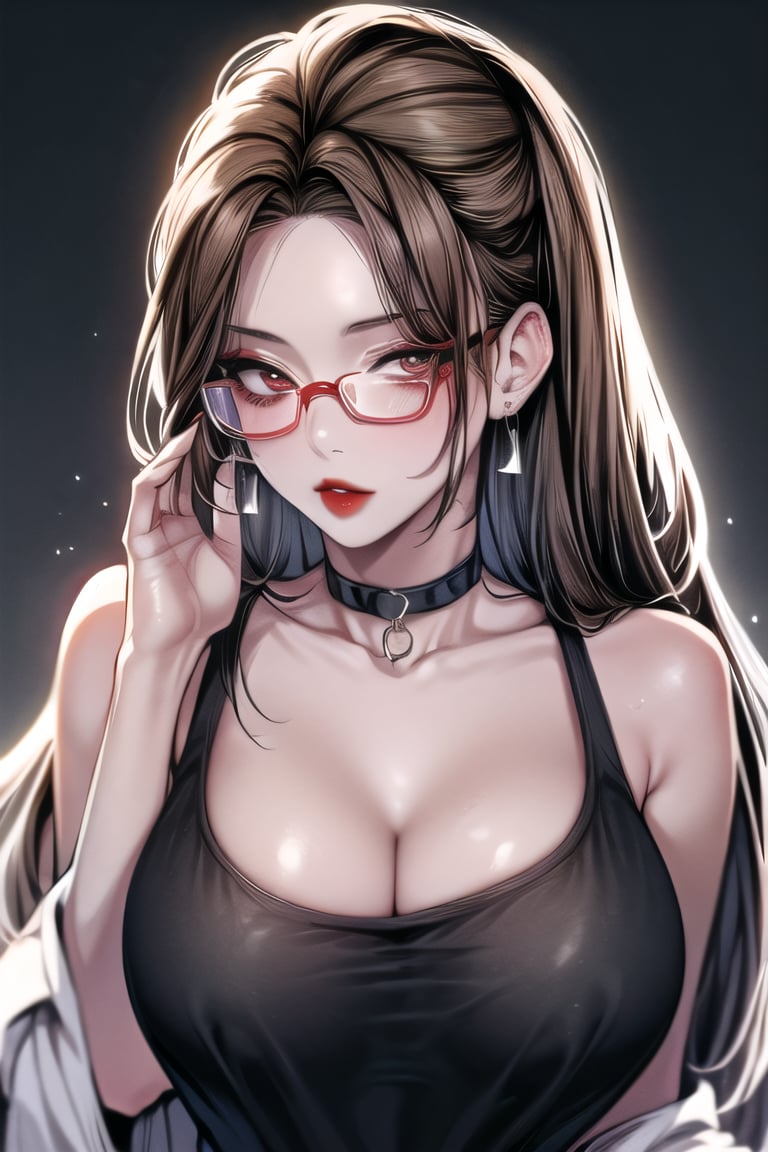 1girl, solo,long_hair, breasts, looking at viewer, large breasts, brown hair,((hair_pulled_back)), cleavage, bare shoulders, jewelry, collarbone, upper body, earrings, glasses, choker, makeup, black choker, tank top, lipstick, red lips,hair_pulled_back,hair_pulled_back,hair_past_waist,very_long_hair