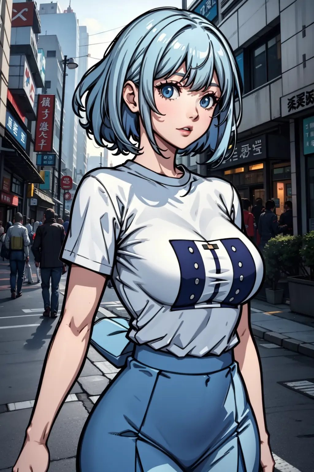 a very pretty girl,light blue hair,The background is a busy street,Du Qiong,Anime 5 sleep,computer graphics,sots art,big and nice chest,super big chest,Tight chest,Tight clothes,Wearing a light blue tight T-shirt,Various light blue skirts,Square Walk,Ray Tracing,Bright,It's drizzling,Upper Body Close-up,