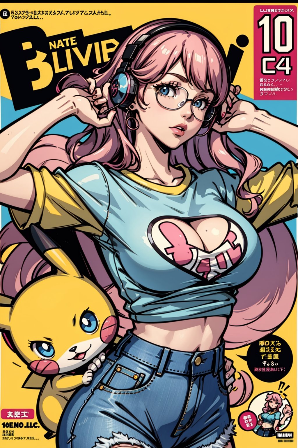 A teenage girl, wearing headphones, no one else in the background, delicate features, big eyes, wearing sunglasses, tall nose bridge, sexy lips, cute earrings, sexy body, 9 heads, golden ratio, bangs, slightly curly wavy hair, light pink hair, tall chest, pink printed T-shirt, denim hot pants, canvas shoes, vintage style, 90s style, nostalgia style, comic book style, magazine covers ,Pikachu T Shirt,Pikachu T-Shirt,pikachu,yellow shirt,large breasts,midriff, a very pretty girl,light blue hair,The background is a busy street,Du Qiong,Anime 5 sleep,computer graphics,sots art,big and nice chest,super big chest,Tight chest,Tight clothes,Wearing a light blue tight T-shirt,Various light blue skirts,Square Walk,Ray Tracing,Bright,It's drizzling,Upper Body Close-up,