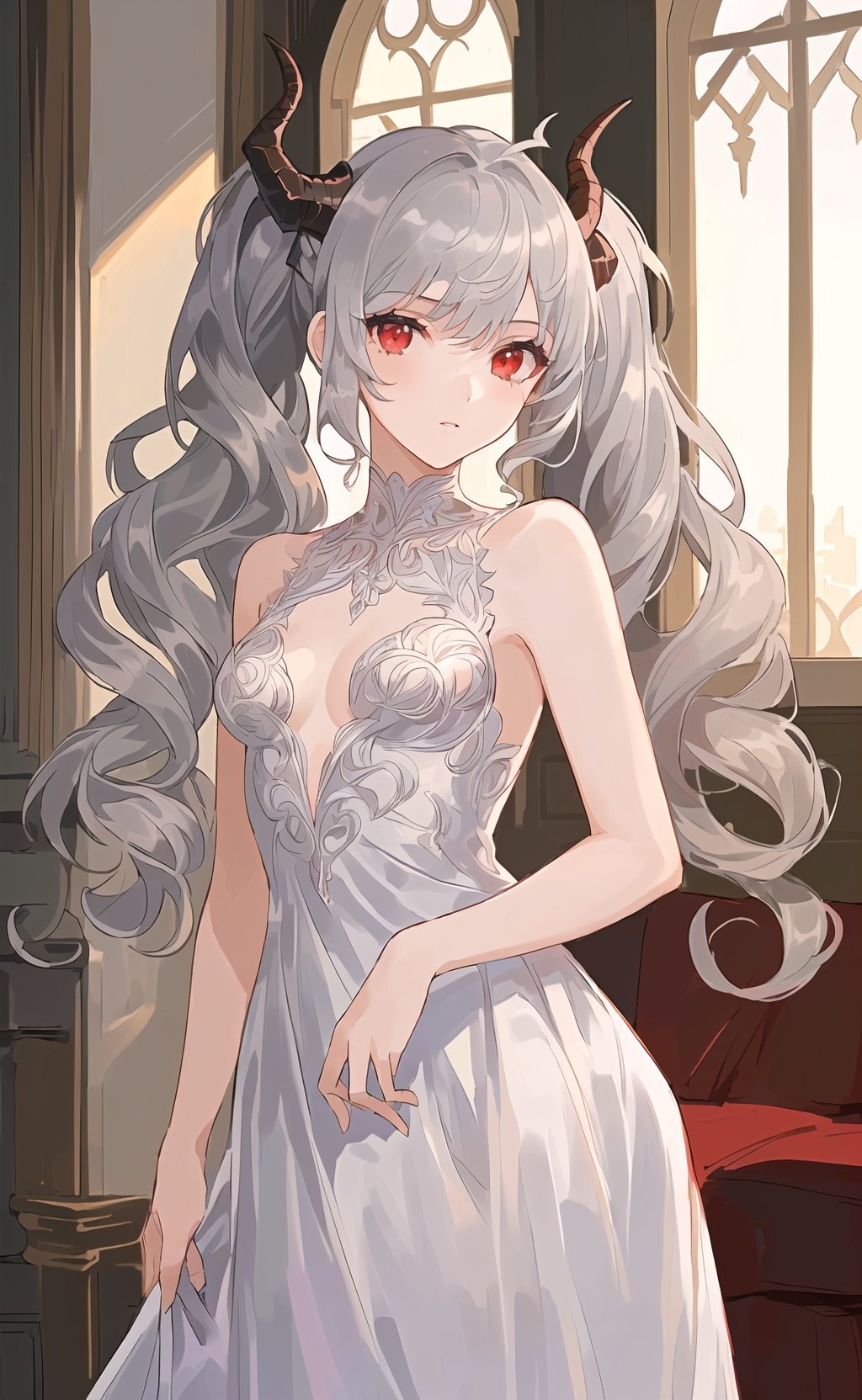 (indoord:1.5),(dragon horns:1.2),(1girl:1.2),(solo:1.2),illustration,(beautiful detailed face:1.3),(beautiful detailed hair:1.3),(beautiful detailed eyes:1.3),whole body,right human structure,(silver hair:1.3),(curly hair:1.3),(twintails:1.3),(messy hair:1.3),(long hair:1.5),(red eyes:1.2),looking at viewer,(medium breasts:1.3),(evening_gown:1.3),(cowboy_shot:1.3),