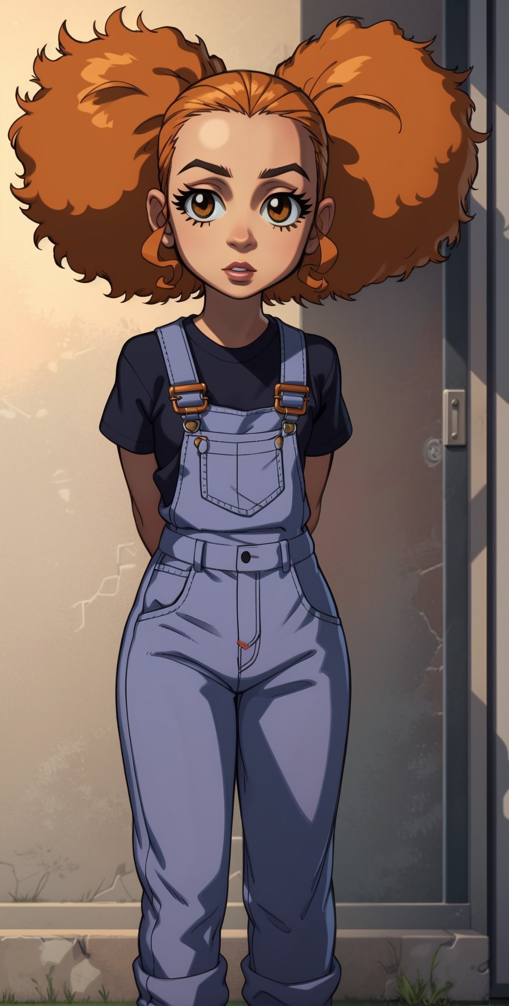 ((masterpiece, best quality)),solo,portrait ,1girl, child, medium shot , jazmine dubois,  , frizzy hair, big hair, ( overalls,  red shirt:1), arms behind back,