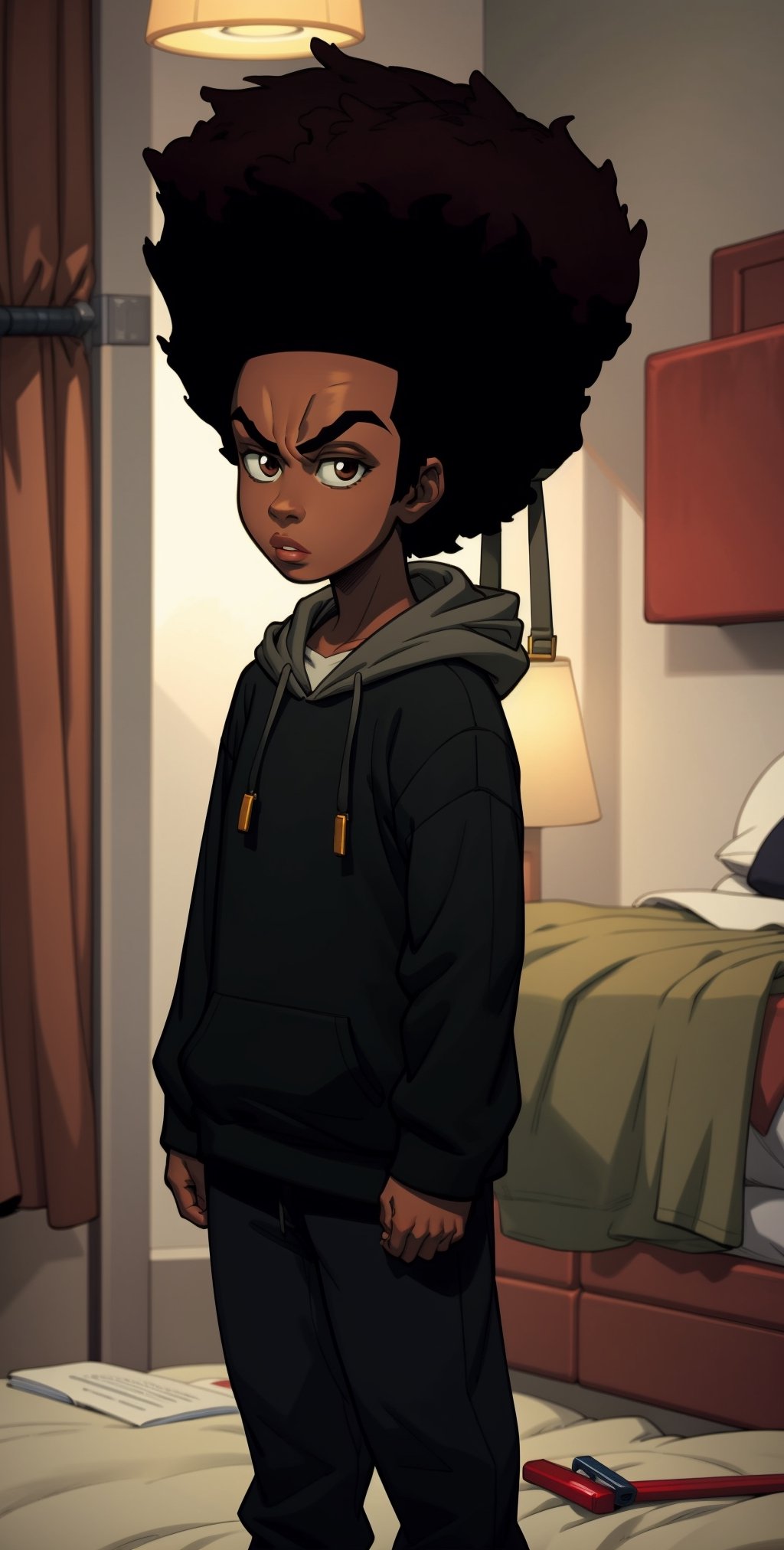 ((masterpiece, best quality)),(complex lighting),solo,1boy,medium shot, dark skin, black hair, brown eyes, afro, (yellow hoodie:1), huey freeman,  , grey background,