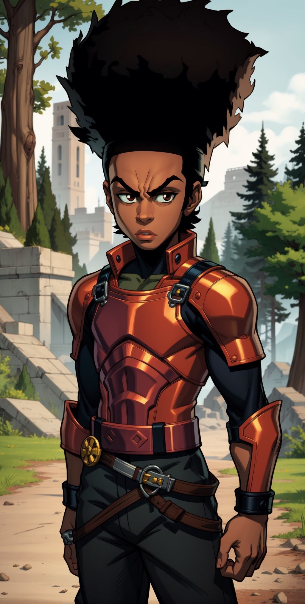 ((masterpiece, best quality)),(complex lighting),solo,1boy,medium, dark skin, black hair, brown eyes, afro, (knight armor:1), huey freeman,  , forest,