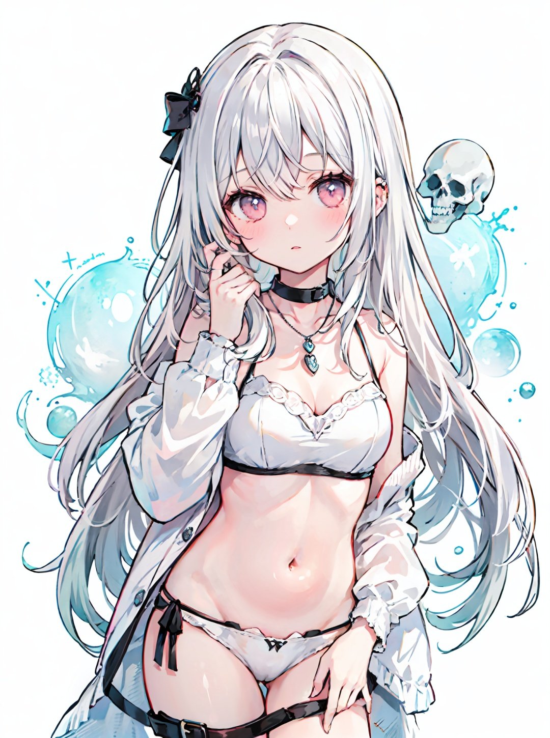  1 girl, Ghost Bride, with terrifying eyes, full of murderous aura, sharp eyes, white hair, xinniang, blackmagic,skull necklace,exposed bone,tombstone,loli,petite, hand on own stomach,white underwear