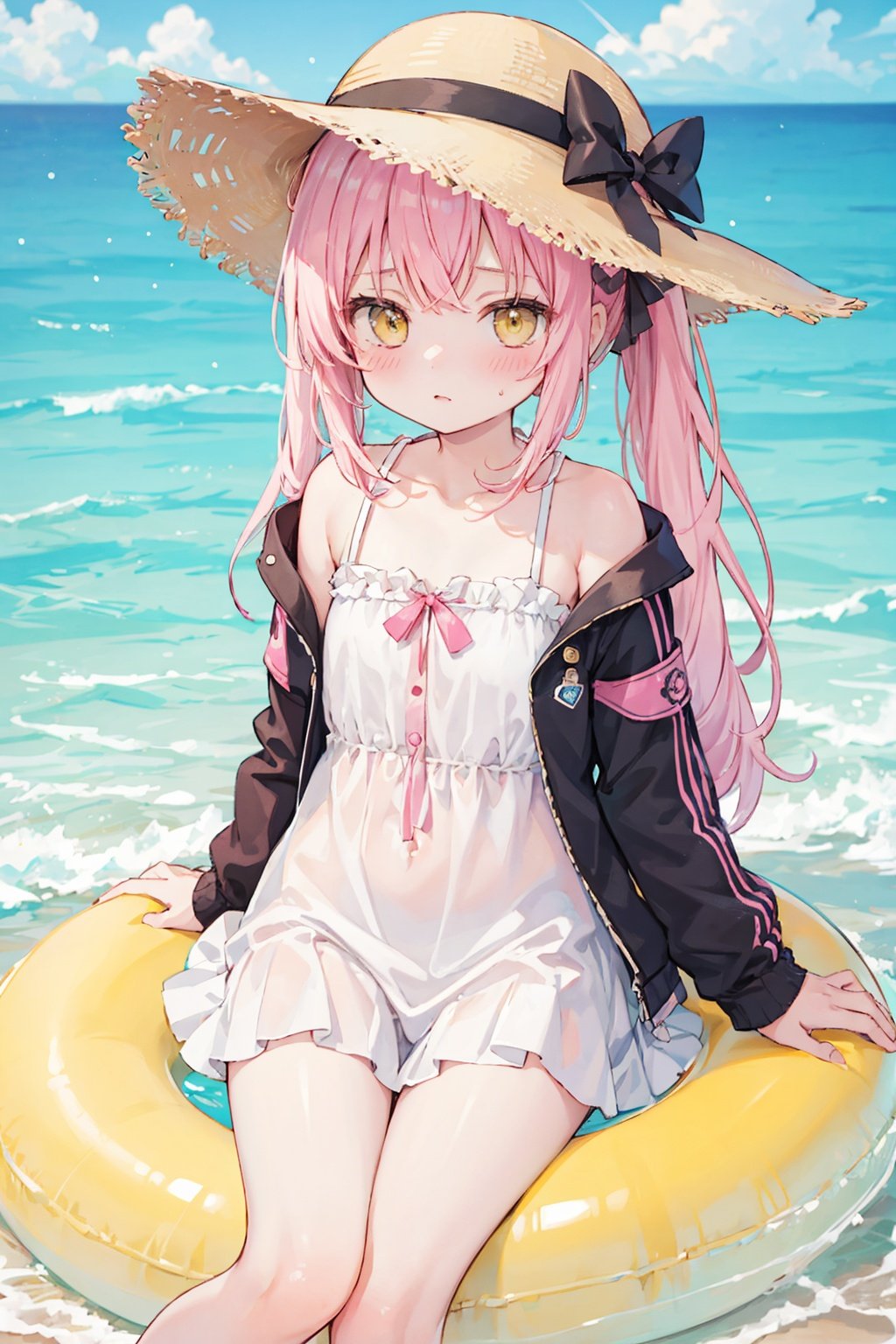  {an extremely delicate and beautiful girl}, 8k wallpaper, {masterpiece},{an extremely delicate and beautiful girl}, 8k wallpaper, {masterpiece},loli,Pink hair,Yellow eyes,high ponytail,beach,high ponytail, ,hair flower,frilled shirt collar,facula,spot,messy hair,fipped hair,floating hair,(petite),(loli),(solo),(open jacket),staring,blank stare, visor,towel, ribbon,sun hat,innertube,sail,