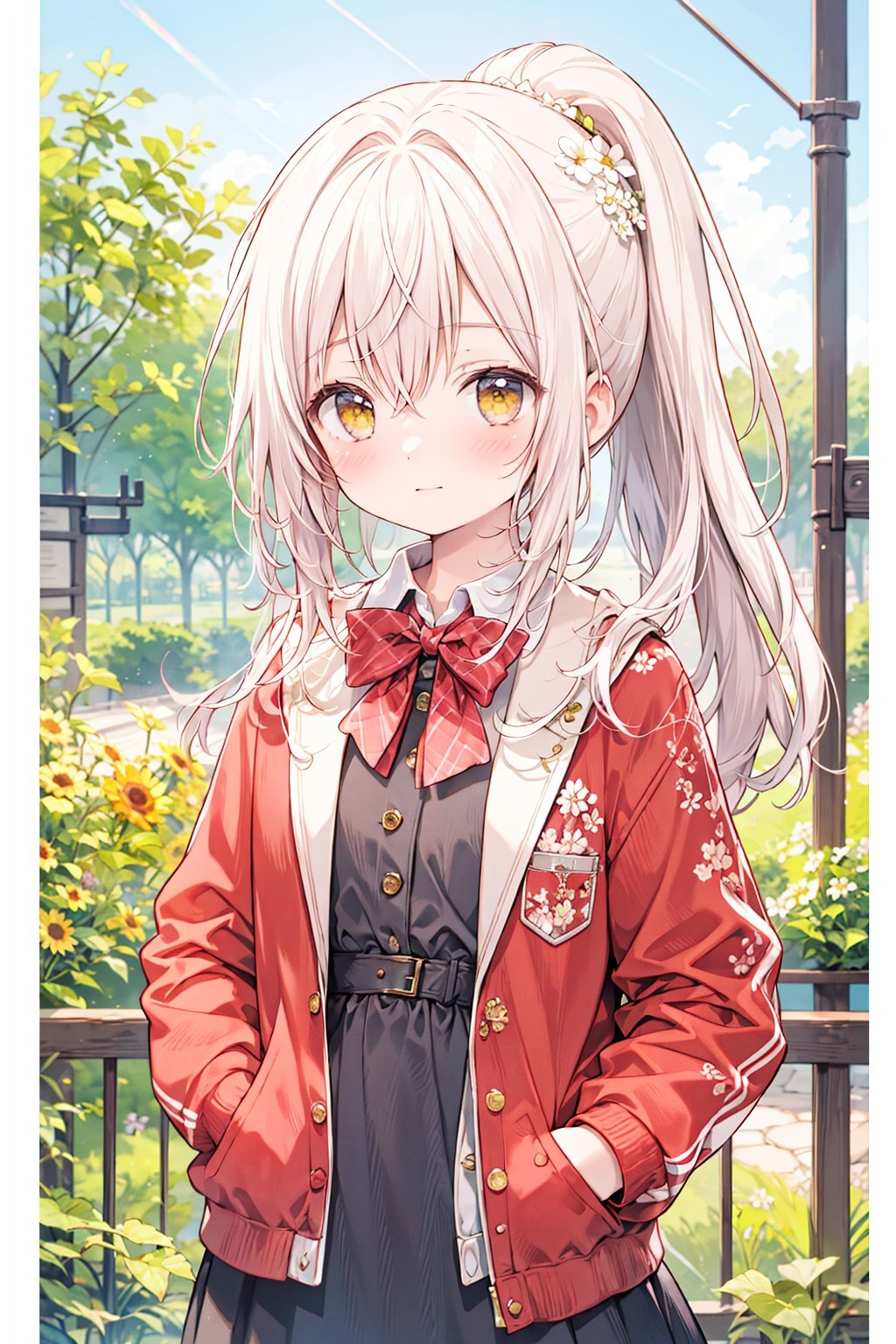  (best quality), ((masterpiece)), (highres),standing,original, extremely detailed wallpaper, (an extremely delicate and beautiful),(loli：1.2),(petite:1.2),Pink hair,Yellow eyes, (red Jacket),high ponytail,white collared shirt,hair flower,fipped hair,floating hair,Frown,hands in pockets,black dress,red bowtie,(solo),sky, skyline, skyscraper, smile, solo, sunflower, tower, upper_body,white flower