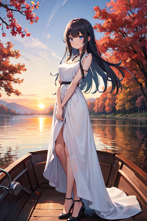 Masterpiece,  high quality,  One girl(inside boat ),  black long hair,  blue eyes,  medium breast,  sky smile,  long elegant dress (white),  red elegant shoes,  background ( sunset,  big lake, trees, boat on lake)