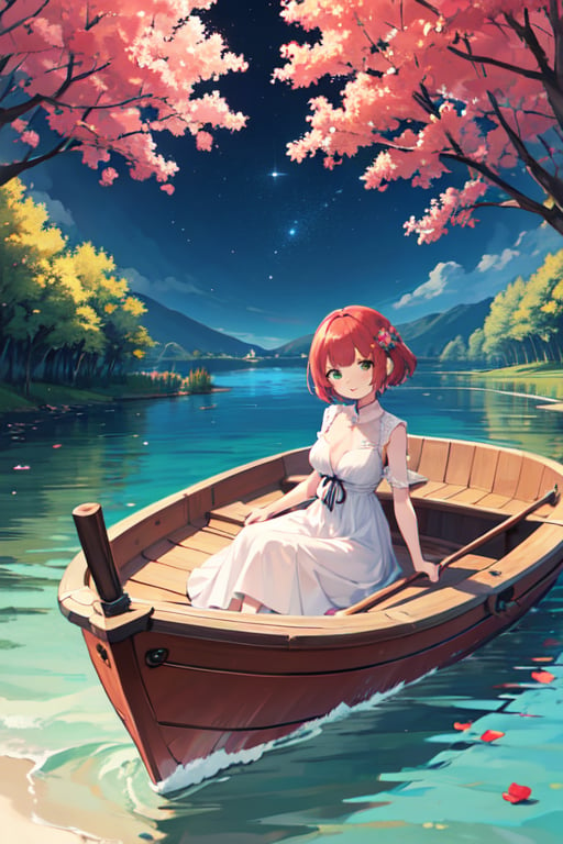 Masterpiece,  high quality,  One girl(inside boat),  red short hair,  green eyes,  medium breast,  happy  smile,  long elegant dress(red ),  blue umbrella,  flowers ornaments (hair),  background ( night sky,  big lake, trees, boat on lake)